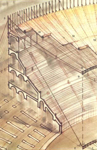 Rome - reconstitution du Colisee, le toit (dessin)